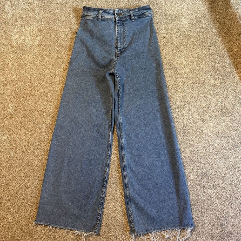 Zara The Marine Straight High-Rise Wide Leg Jeans Women Size 4 Blue Frayed Hem